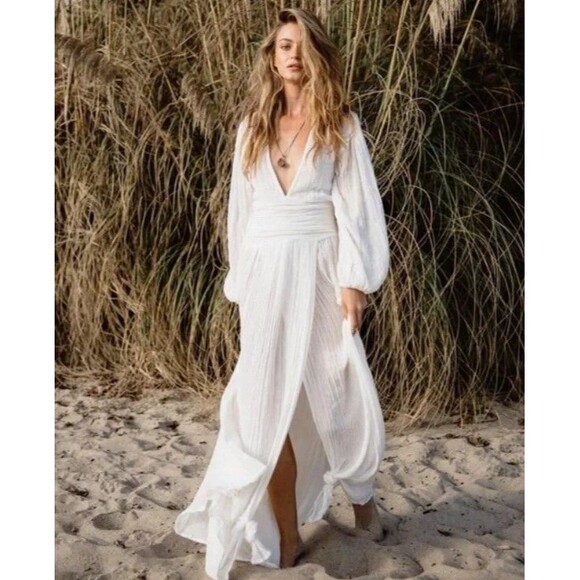 AYA Dresses & Skirts - AYA Lapis Maxi Dress Cotton Gauze V Neck Slit Flowy Ivory Size M